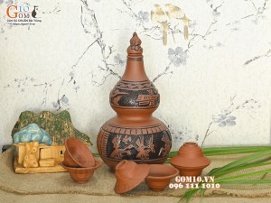 Bộ bình rượu gốm 2 bầu khắc Trống Đồng nắp hồ lô, 1,2 Lít