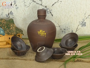 Bộ bình rượu gốm Bát Tràng dáng tròn trơn, 0,8l