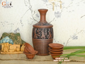 Bộ bình rượu gốm khắc Trống Đồng, 1 Lít