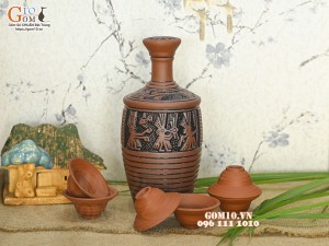Bộ bình rượu gốm khắc Trống Đồng, 1 Lít