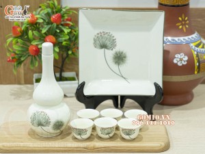Bộ bình rượu khay vuông men kem vẽ Bồ Công Anh