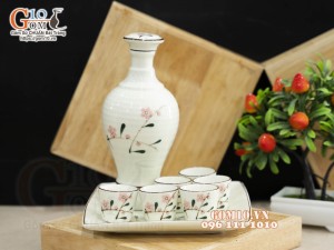 Bộ bình rượu men kem vẽ hoa đào phai, 700ml