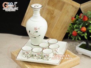 Bộ bình rượu men kem vẽ hoa đào phai, 700ml