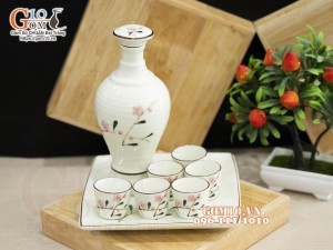 Bộ bình rượu men kem vẽ hoa đào phai, 700ml