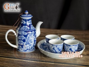 Bộ bình rượu men lam cổ vẽ Long Ẩn, khay tròn 300ml