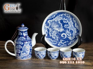 Bộ bình rượu men lam cổ vẽ Long Ẩn, khay tròn 300ml