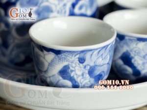 Bộ bình rượu men lam cổ vẽ Long Ẩn, khay tròn 300ml