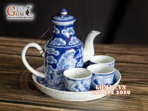 Bộ bình rượu men lam cổ vẽ Long Ẩn, khay tròn 300ml