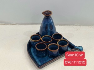 Bộ bình rượu sake men hỏa biến xanh đá