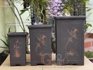 Bộ 3 chậu gốm vuông cao vẽ lá, màu đen, cao 40cm