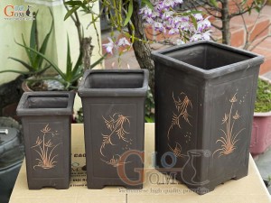 Bộ 3 chậu gốm vuông cao vẽ lá, màu đen, cao 40cm