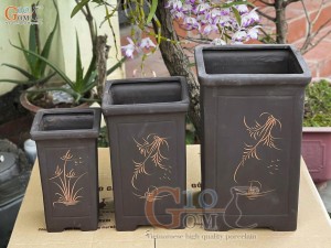 Bộ 3 chậu gốm vuông cao vẽ lá, màu đen, cao 40cm