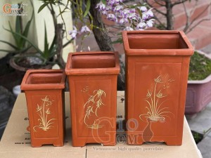 Bộ 3 chậu gốm vuông cao vẽ lá, màu đỏ, cao 40cm