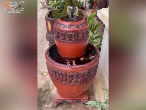 Bộ Chum gốm phun nước tiểu cảnh khắc nổi Trống Đồng