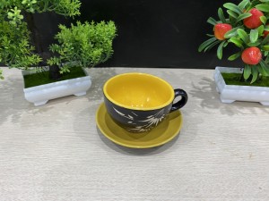 Bộ cốc cà phê men gốm khắc trúc, màu vàng
