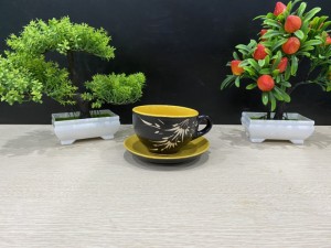 Bộ cốc cà phê men gốm khắc trúc, màu vàng