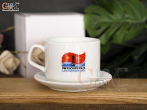 Bộ cốc cà phê quai vuông men trắng cao cấp in logo quà tặng