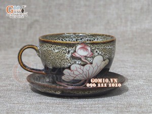 Bộ cốc capu lớn men hỏa biến gấm vàng khắc sen