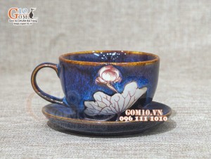 Bộ cốc capu lớn men hỏa biến xanh đá khắc sen