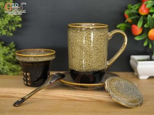 Bộ cốc lọc trà men hỏa biến gấm vàng