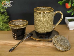 Bộ cốc lọc trà men hỏa biến gấm vàng