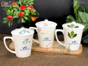 Bộ cốc men kem vẽ hoa thủ công, in logo quà tặng