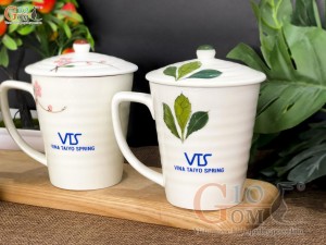 Bộ cốc men kem vẽ hoa thủ công, in logo quà tặng
