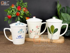 Bộ cốc men kem vẽ hoa thủ công, in logo quà tặng