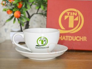Bộ cốc sứ capuchino men trắng in logo, 250ml