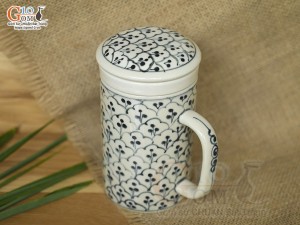 Bộ cốc sứ lọc trà men bóng vẽ bèo, 300ml