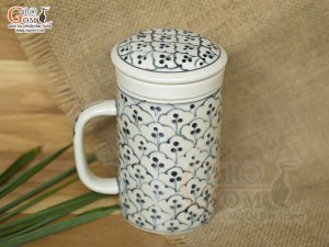 Bộ cốc sứ lọc trà men bóng vẽ bèo, 300ml