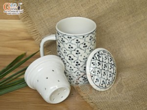 Bộ cốc sứ lọc trà men bóng vẽ bèo, 300ml