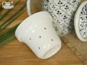 Bộ cốc sứ lọc trà men bóng vẽ bèo, 300ml