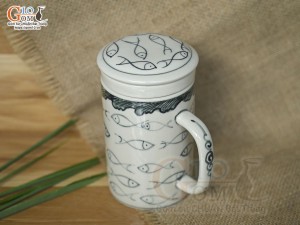 Bộ cốc sứ lọc trà men bóng vẽ cá, 300ml