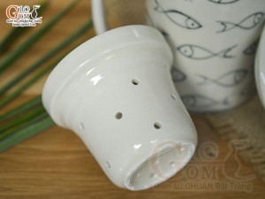 Bộ cốc sứ lọc trà men bóng vẽ cá, 300ml