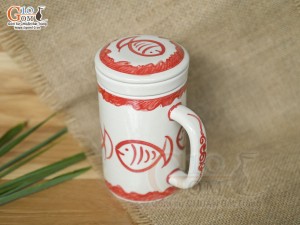 Bộ cốc sứ lọc trà men bóng vẽ cá đỏ, 300ml