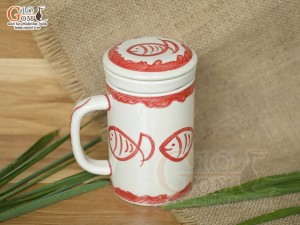 Bộ cốc sứ lọc trà men bóng vẽ cá đỏ, 300ml