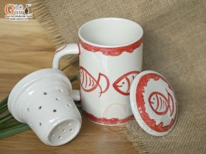 Bộ cốc sứ lọc trà men bóng vẽ cá đỏ, 300ml