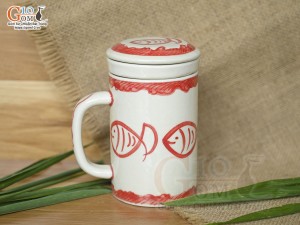 Bộ cốc sứ lọc trà men bóng vẽ cá đỏ, 300ml