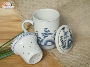 Bộ cốc sứ lọc trà men bóng vẽ cảnh sơn thủy, 300ml