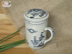 Bộ cốc sứ lọc trà men bóng vẽ cảnh sơn thủy, 300ml