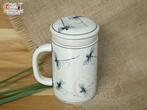 Bộ cốc sứ lọc trà men bóng vẽ chuồn kim, 300ml