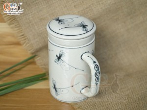 Bộ cốc sứ lọc trà men bóng vẽ chuồn kim, 300ml