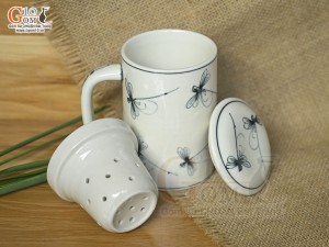Bộ cốc sứ lọc trà men bóng vẽ chuồn kim, 300ml