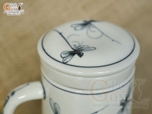 Bộ cốc sứ lọc trà men bóng vẽ chuồn kim, 300ml