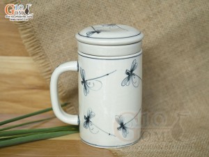 Bộ cốc sứ lọc trà men bóng vẽ chuồn kim, 300ml