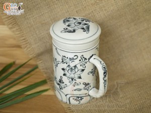 Bộ cốc sứ lọc trà men bóng vẽ hoa Sen đen, 300ml