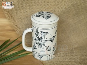 Bộ cốc sứ lọc trà men bóng vẽ hoa Sen đen, 300ml