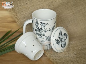 Bộ cốc sứ lọc trà men bóng vẽ hoa Sen đen, 300ml