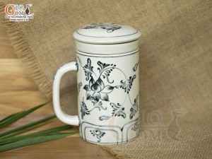 Bộ cốc sứ lọc trà men bóng vẽ hoa Sen đen, 300ml